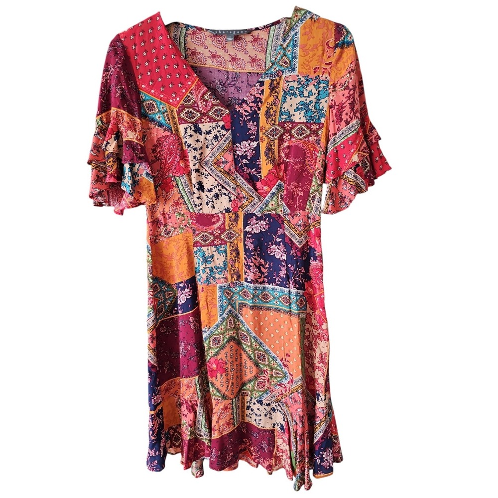 SHARAGANO Women Rayon Patchwork Floral Print V‎ Neck Short Ruffle Sleeve Dress 4